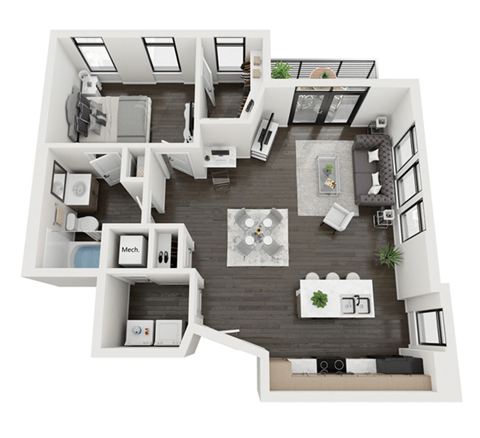 a 3d rendering of our 1 bedroom apartment at the crossings at white marsh apartments in white
